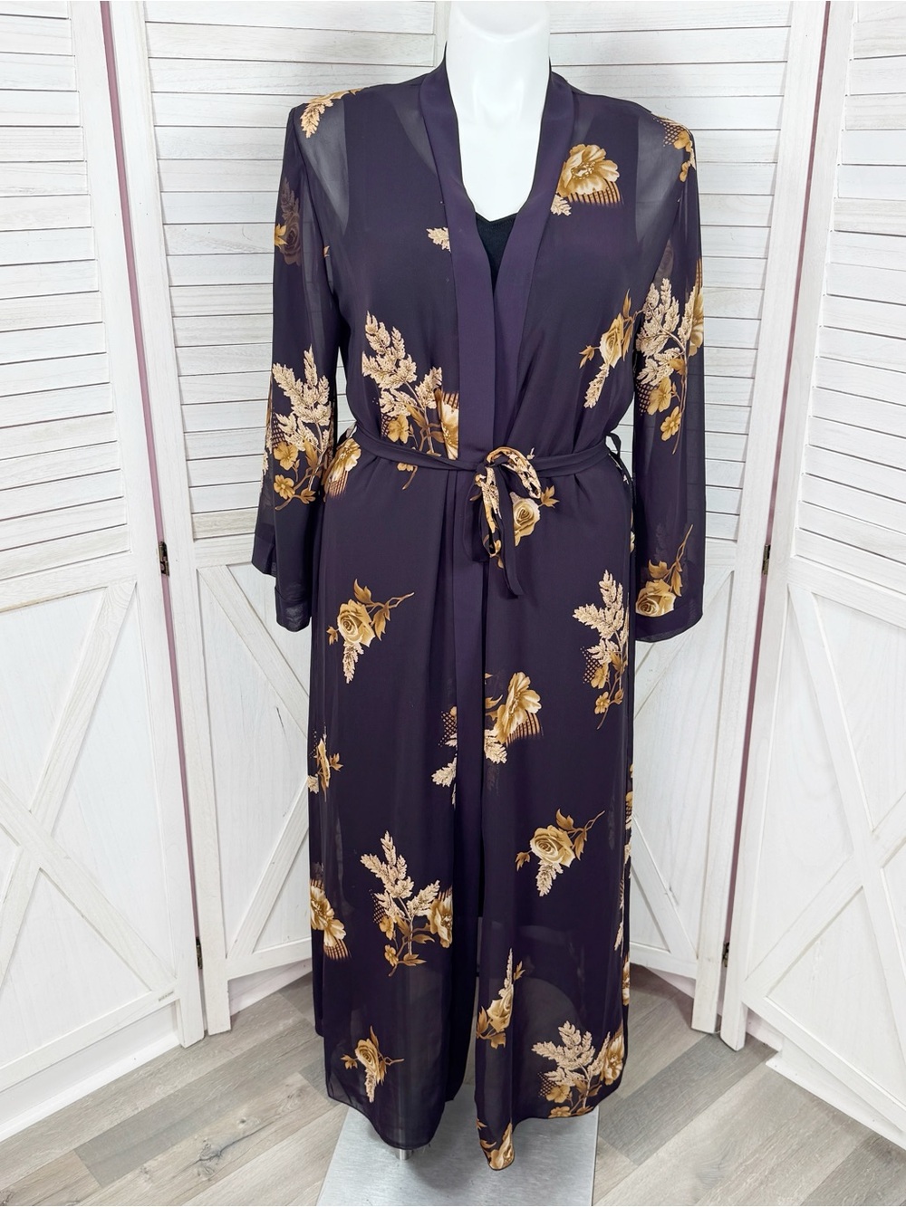 Vintage ABB Floral Chiffon Kimono Robe Plum Purple Tan Large Gothic Romance